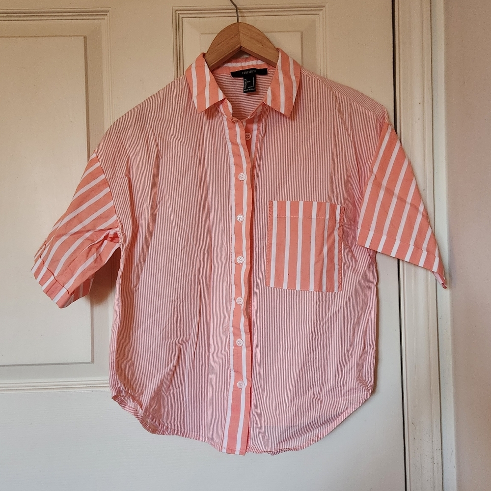 Forever 21 orange and white stripes short sleeve button up shirt